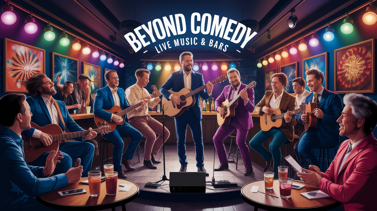 A conceptual illustration representing Beyond Comedy â€“ Live Music & Bars. Visualize the main ideas: . Creative but clear representation of the concept. Style: photorealistic. high quality, detailed, professional, clean composition, good lighting, sharp focus, well-composed. high quality, professional, detailed, well-composed
