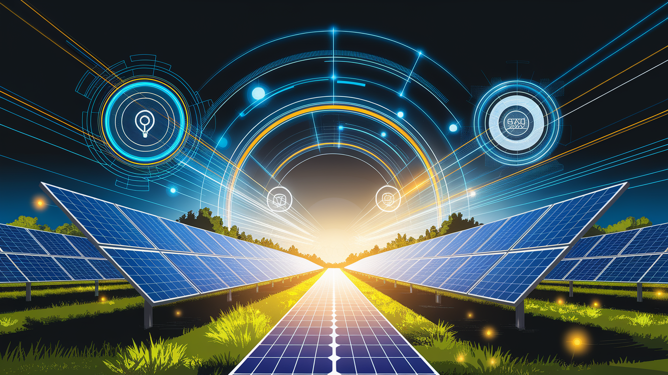 A conceptual illustration representing Key Technologies Driving Solar Array Monitoring. Visualize the main ideas: . Creative but clear representation of the concept. Style: Visual Theme: Clean, modern aesthetic with high contrast and vibrant energy. Emphasize the intersect. high quality, detailed, professional, clean composition, good lighting, sharp focus, well-composed. high quality, professional, detailed, well-composed