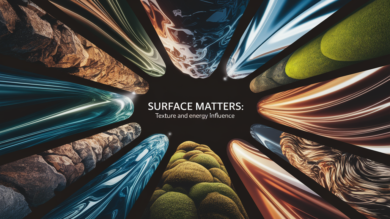 A conceptual illustration representing Surface Matters: Texture and Energy Influence. Visualize the main ideas: . Creative but clear representation of the concept. Style: photorealistic. high quality, detailed, professional, clean composition, good lighting, sharp focus, well-composed. high quality, professional, detailed, well-composed