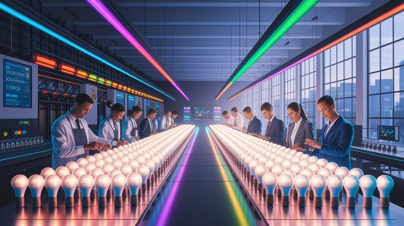 A conceptual illustration representing Bright Prospects: Wrapping Up LED Light Production. Visualize the main ideas: . Creative but clear representation of the concept. Style: photorealistic. high quality, detailed, professional, clean composition, good lighting, sharp focus, well-composed. high quality, professional, detailed, well-composed