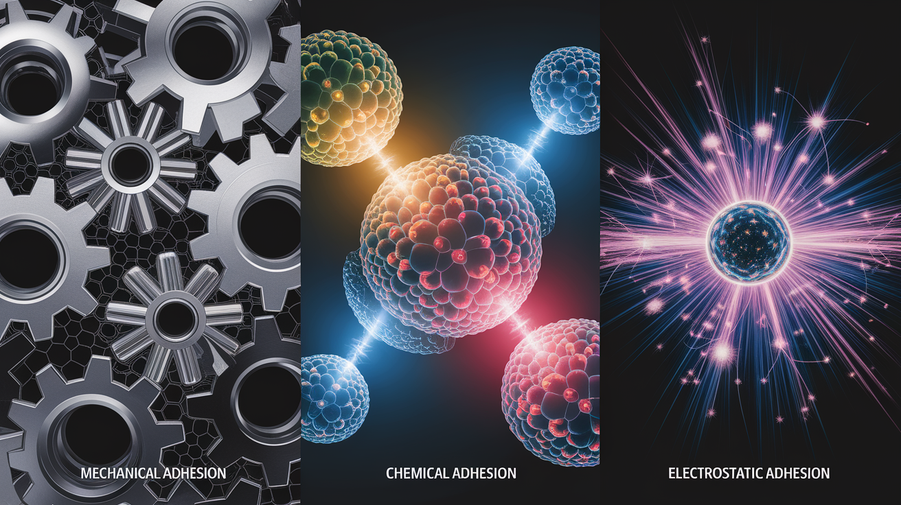 A conceptual illustration representing Mechanisms in Action: Mechanical, Chemical, and Electrostatic Adhesion. Visualize the main ideas: . Creative but clear representation of the concept. Style: photorealistic. high quality, detailed, professional, clean composition, good lighting, sharp focus, well-composed. high quality, professional, detailed, well-composed