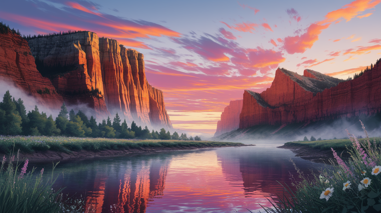 A conceptual illustration representing First Light Over the Red Cliffs. Visualize the main ideas: . Creative but clear representation of the concept. Style: photorealistic. high quality, detailed, professional, clean composition, good lighting, sharp focus, well-composed. high quality, professional, detailed, well-composed