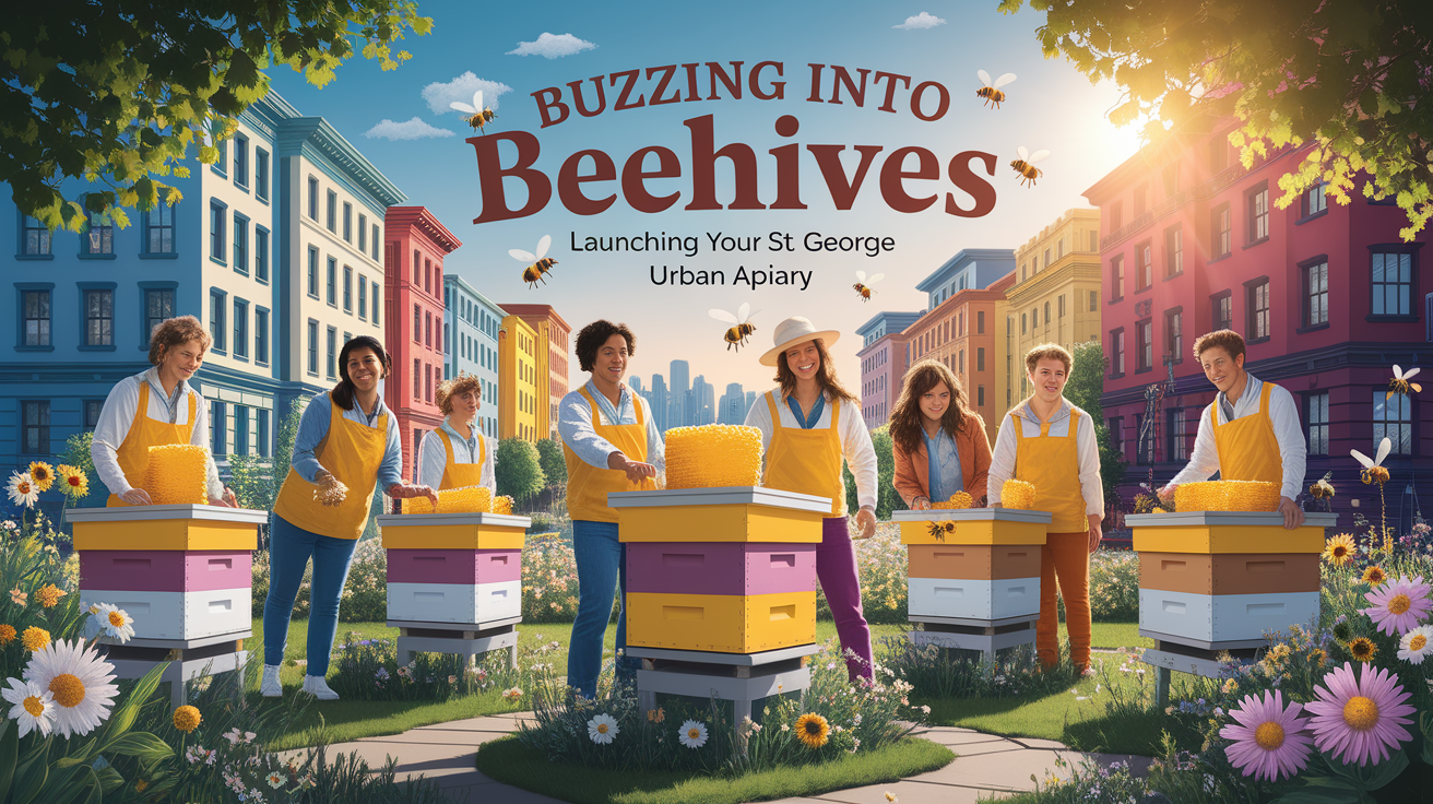 A conceptual illustration representing Buzzing Into Beehives: Launching Your St. George Urban Apiary. Visualize the main ideas: . Creative but clear representation of the concept. Style: photorealistic. high quality, detailed, professional, clean composition, good lighting, sharp focus, well-composed. high quality, professional, detailed, well-composed