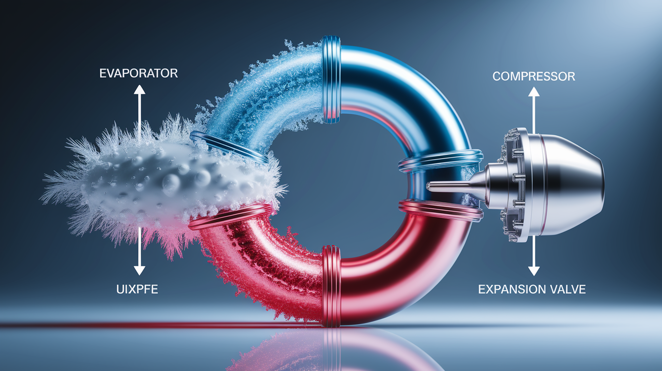 A conceptual illustration representing The Refrigeration Cycle. Visualize the main ideas: . Creative but clear representation of the concept. Style: photorealistic. high quality, detailed, professional, clean composition, good lighting, sharp focus, well-composed. high quality, professional, detailed, well-composed