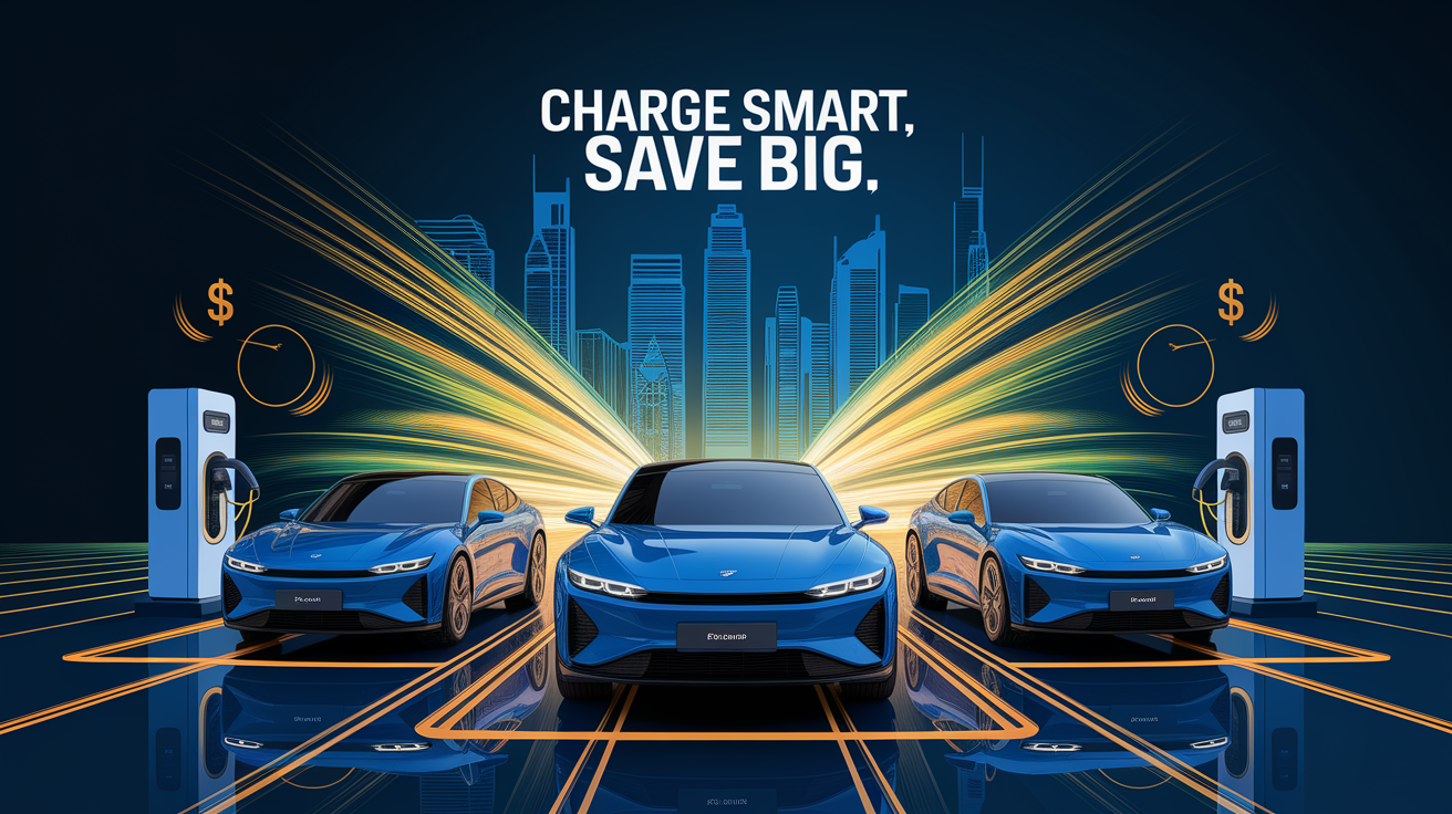 A conceptual illustration representing Charge Smart, Save Big. Visualize the main ideas: . Creative but clear representation of the concept. Style: Visual Theme: Clean, modern aesthetic with high contrast and vibrant energy. Emphasize the intersect. high quality, detailed, professional, clean composition, good lighting, sharp focus, well-composed. high quality, professional, detailed, well-composed