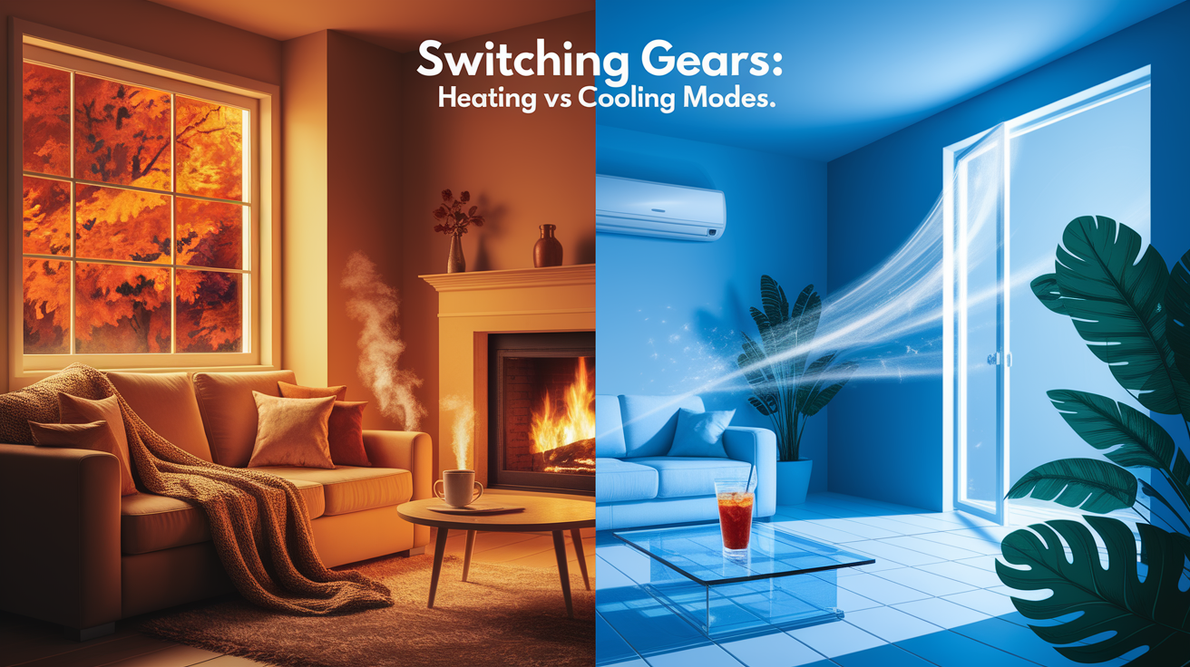 A side-by-side comparison visual for Switching Gears: Heating vs Cooling Modes. Show contrasting elements: . Use clear visual separation, possibly with split-screen or before/after layout. Style: photorealistic. high quality, detailed, professional, clean composition, good lighting, sharp focus, well-composed. high quality, professional, detailed, well-composed