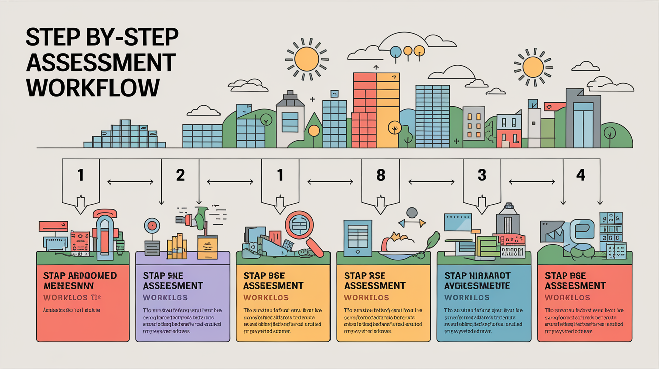 A clear, step-by-step visual illustration showing Step-by-Step On-Site Shading Assessment Workflow. Focus on . Include visual elements like arrows, numbered steps, or sequential flow. Professional and instructional style. Style: Visual Theme: Clean, modern aesthetic with high contrast and vibrant energy. Emphasize the intersect. high quality, detailed, professional, clean composition, good lighting, sharp focus, well-composed. high quality, professional, detailed, well-composed