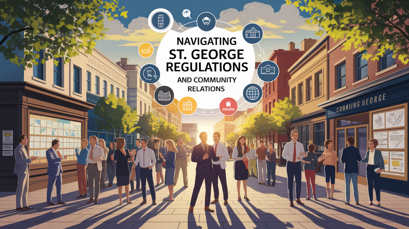 A conceptual illustration representing Navigating St. George Regulations and Community Relations. Visualize the main ideas: . Creative but clear representation of the concept. Style: photorealistic. high quality, detailed, professional, clean composition, good lighting, sharp focus, well-composed. high quality, professional, detailed, well-composed