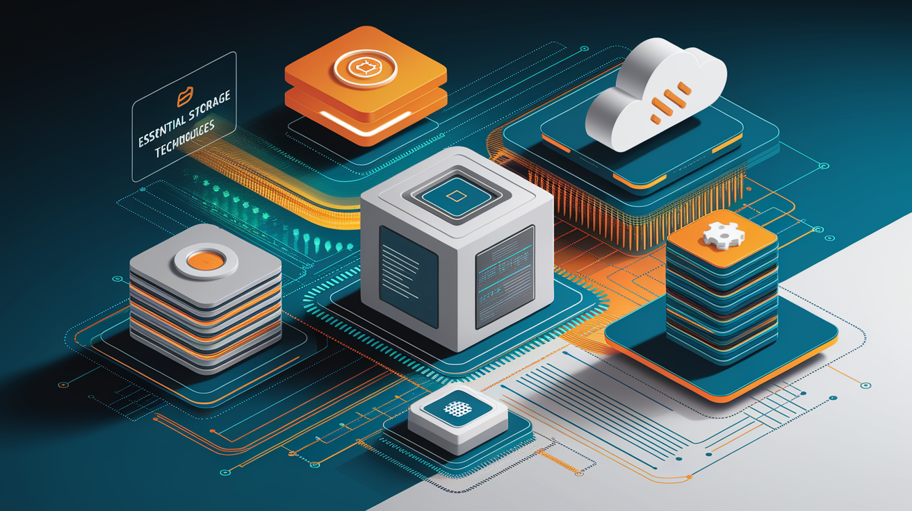 A conceptual illustration representing Essential Storage Technologies. Visualize the main ideas: . Creative but clear representation of the concept. Style: Visual Theme: Clean, modern aesthetic with high contrast and vibrant energy. Emphasize the intersect. high quality, detailed, professional, clean composition, good lighting, sharp focus, well-composed. high quality, professional, detailed, well-composed