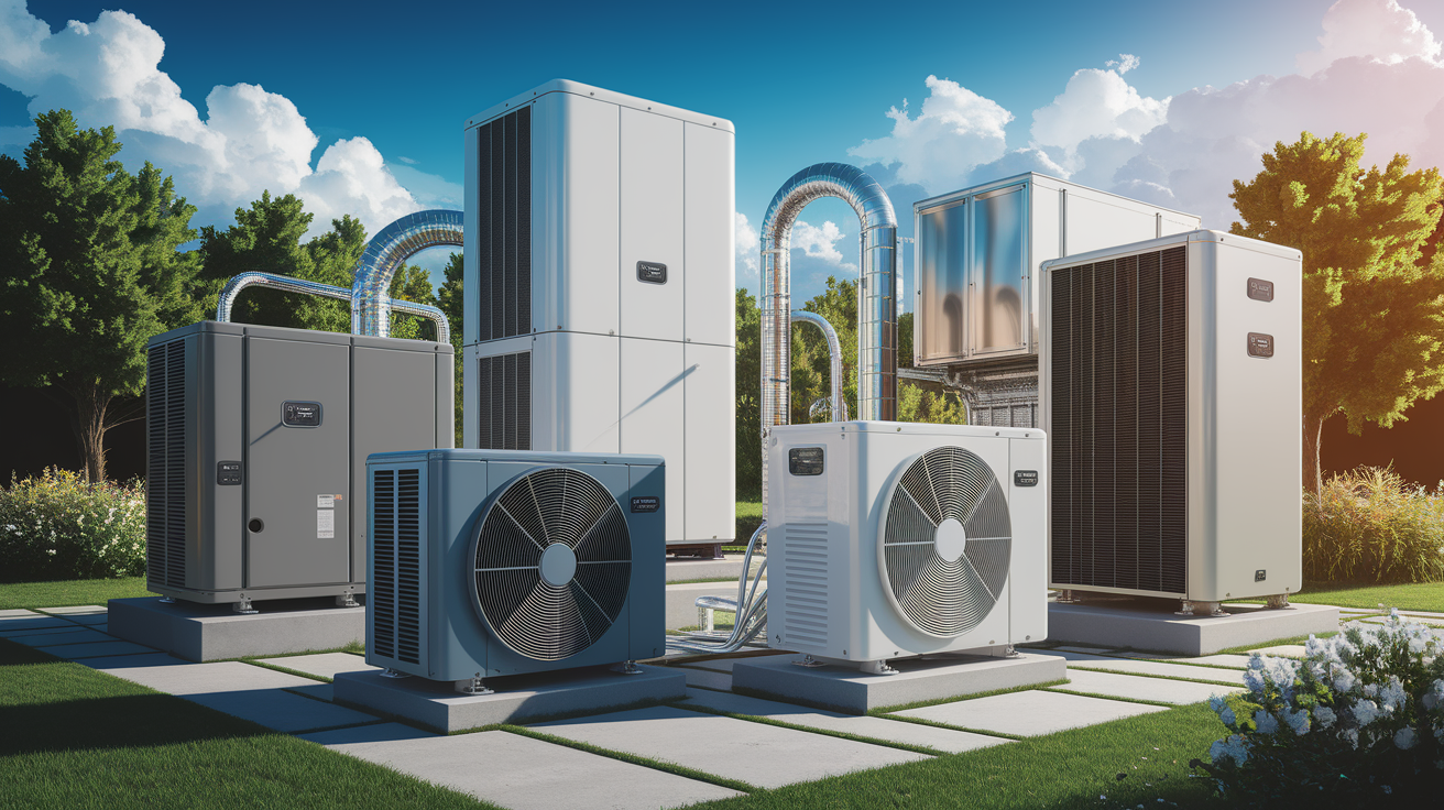A conceptual illustration representing Heat Pump Varieties. Visualize the main ideas: . Creative but clear representation of the concept. Style: photorealistic. high quality, detailed, professional, clean composition, good lighting, sharp focus, well-composed. high quality, professional, detailed, well-composed