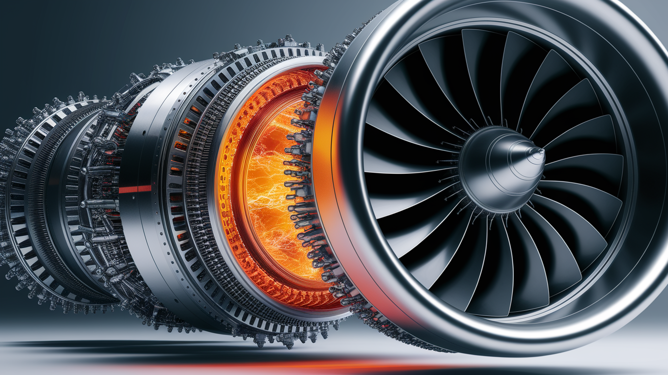 A conceptual illustration representing Inside the Engine: Key Components Generating Thrust. Visualize the main ideas: . Creative but clear representation of the concept. Style: photorealistic. high quality, detailed, professional, clean composition, good lighting, sharp focus, well-composed. high quality, professional, detailed, well-composed