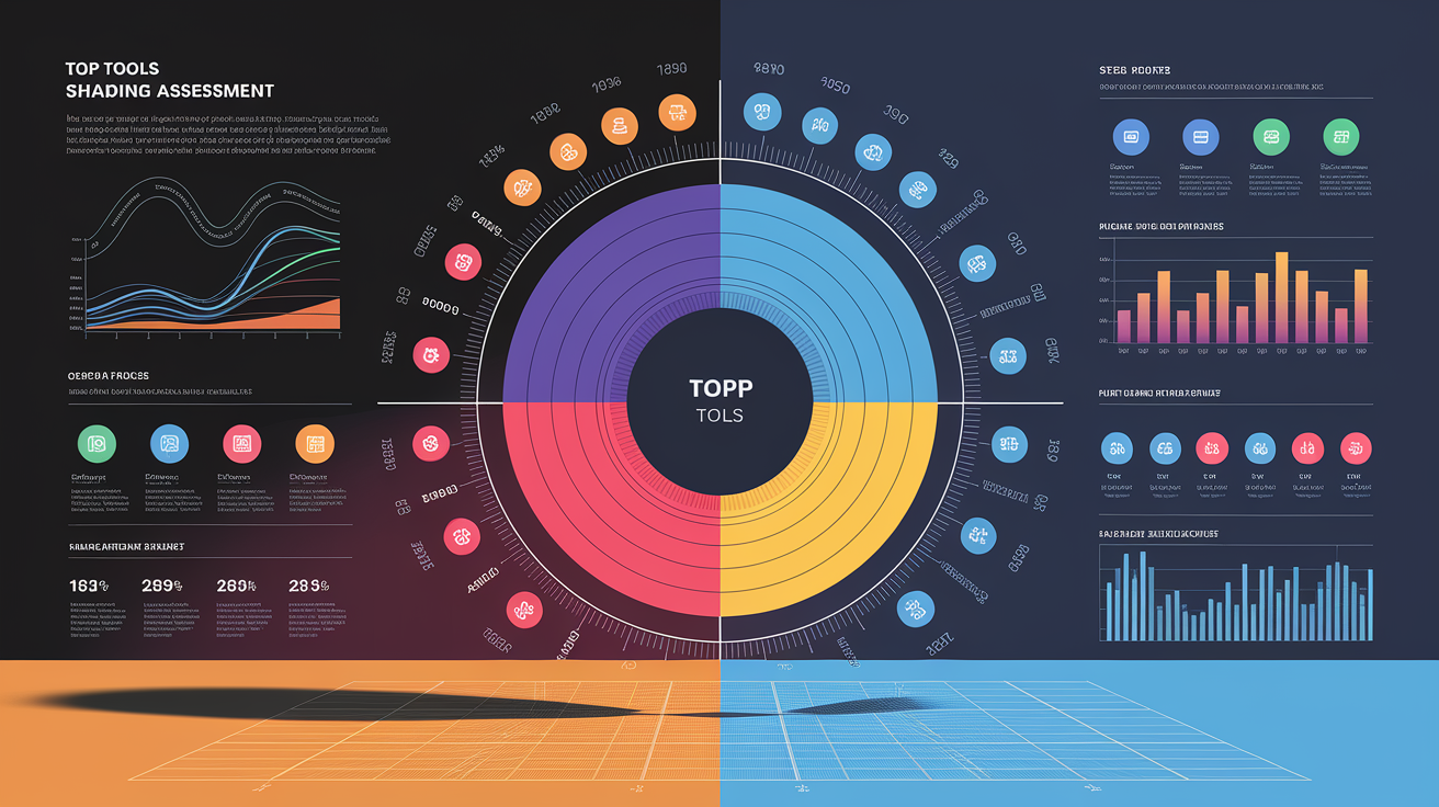 A clean, professional data visualization or infographic related to Top Tools for Shading Analysis and Solar Assessment. Include elements like charts, graphs, or statistical representations. Focus on . Style: Visual Theme: Clean, modern aesthetic with high contrast and vibrant energy. Emphasize the intersect. high quality, detailed, professional, clean composition, good lighting, sharp focus, well-composed. high quality, professional, detailed, well-composed