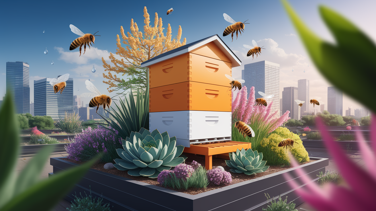 A conceptual illustration representing Maintaining Hive Health in an Arid Urban Climate. Visualize the main ideas: . Creative but clear representation of the concept. Style: photorealistic. high quality, detailed, professional, clean composition, good lighting, sharp focus, well-composed. high quality, professional, detailed, well-composed