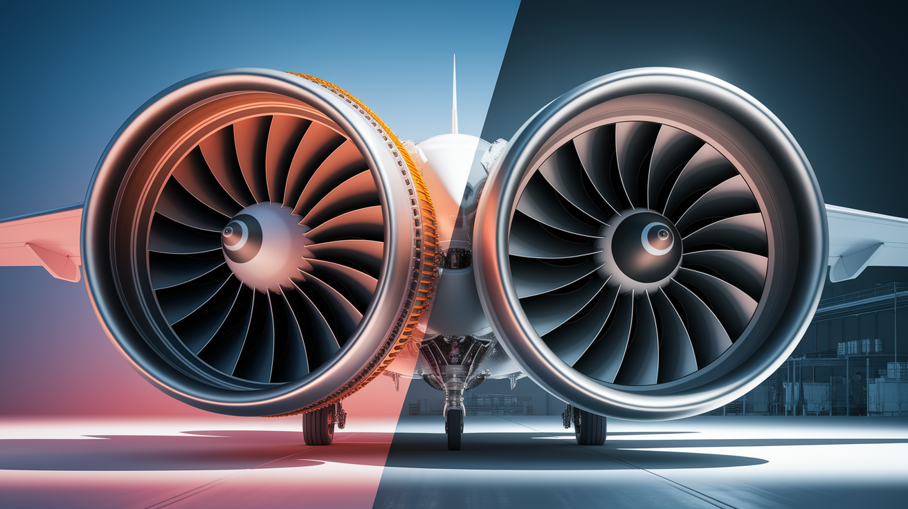 A conceptual illustration representing Bypass or Blast: Comparing Turbofans and Turbojets. Visualize the main ideas: . Creative but clear representation of the concept. Style: photorealistic. high quality, detailed, professional, clean composition, good lighting, sharp focus, well-composed. high quality, professional, detailed, well-composed