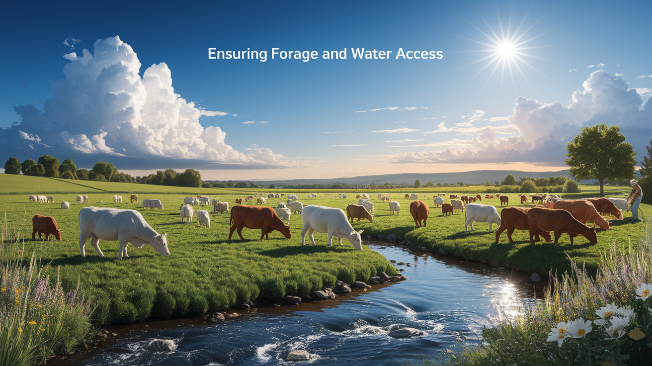 A conceptual illustration representing Ensuring Forage and Water Access. Visualize the main ideas: . Creative but clear representation of the concept. Style: photorealistic. high quality, detailed, professional, clean composition, good lighting, sharp focus, well-composed. high quality, professional, detailed, well-composed