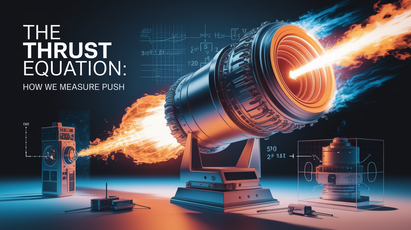 A conceptual illustration representing The Thrust Equation: How We Measure Push. Visualize the main ideas: . Creative but clear representation of the concept. Style: photorealistic. high quality, detailed, professional, clean composition, good lighting, sharp focus, well-composed. high quality, professional, detailed, well-composed