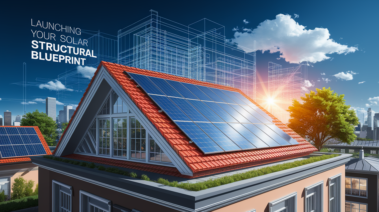 A conceptual illustration representing Launching Your Solar Roof Structural Blueprint. Visualize the main ideas: . Creative but clear representation of the concept. Style: Visual Theme: Clean, modern aesthetic with high contrast and vibrant energy. Emphasize the intersect. high quality, detailed, professional, clean composition, good lighting, sharp focus, well-composed. high quality, professional, detailed, well-composed