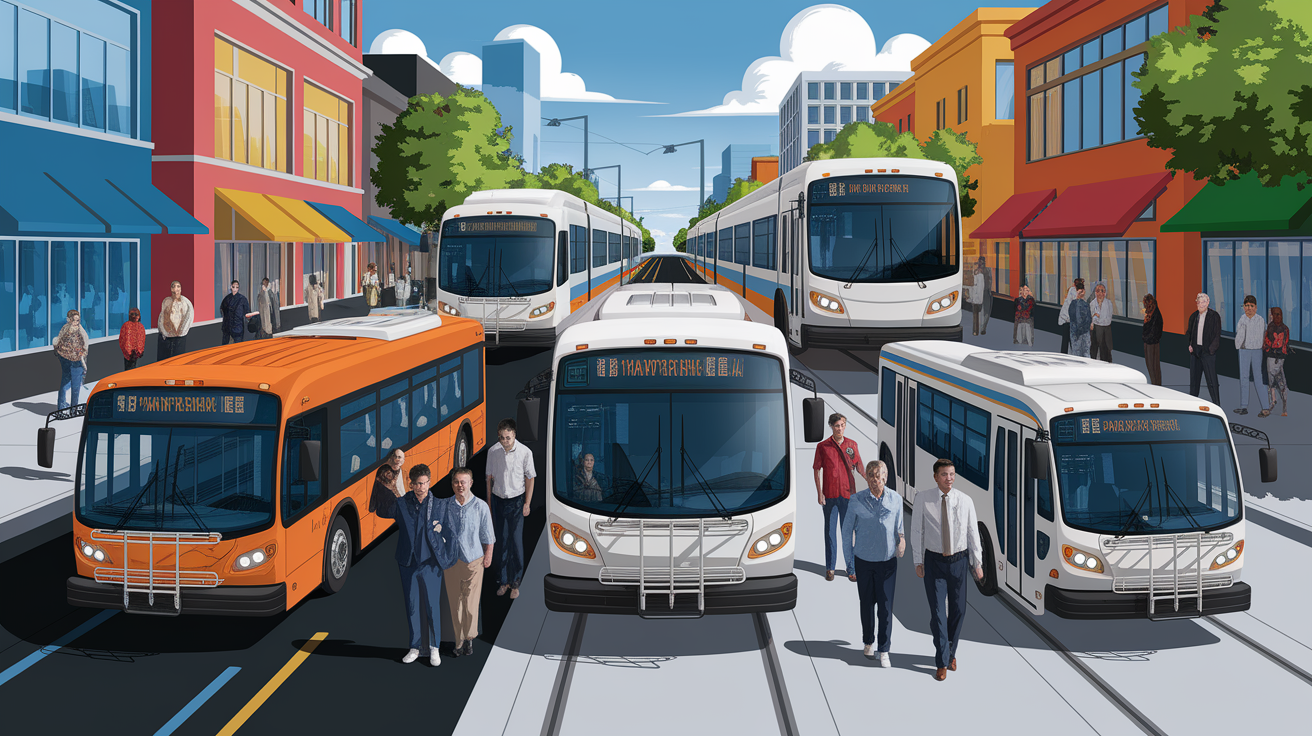 A conceptual illustration representing Public Transit & Paratransit Services. Visualize the main ideas: . Creative but clear representation of the concept. Style: photorealistic. high quality, detailed, professional, clean composition, good lighting, sharp focus, well-composed. high quality, professional, detailed, well-composed