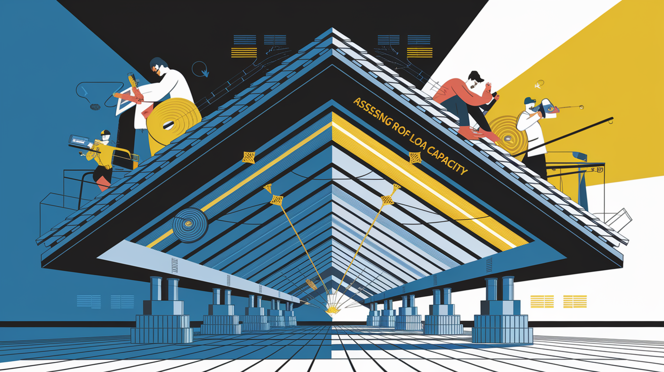A conceptual illustration representing Assessing Roof Load Capacity. Visualize the main ideas: . Creative but clear representation of the concept. Style: Visual Theme: Clean, modern aesthetic with high contrast and vibrant energy. Emphasize the intersect. high quality, detailed, professional, clean composition, good lighting, sharp focus, well-composed. high quality, professional, detailed, well-composed