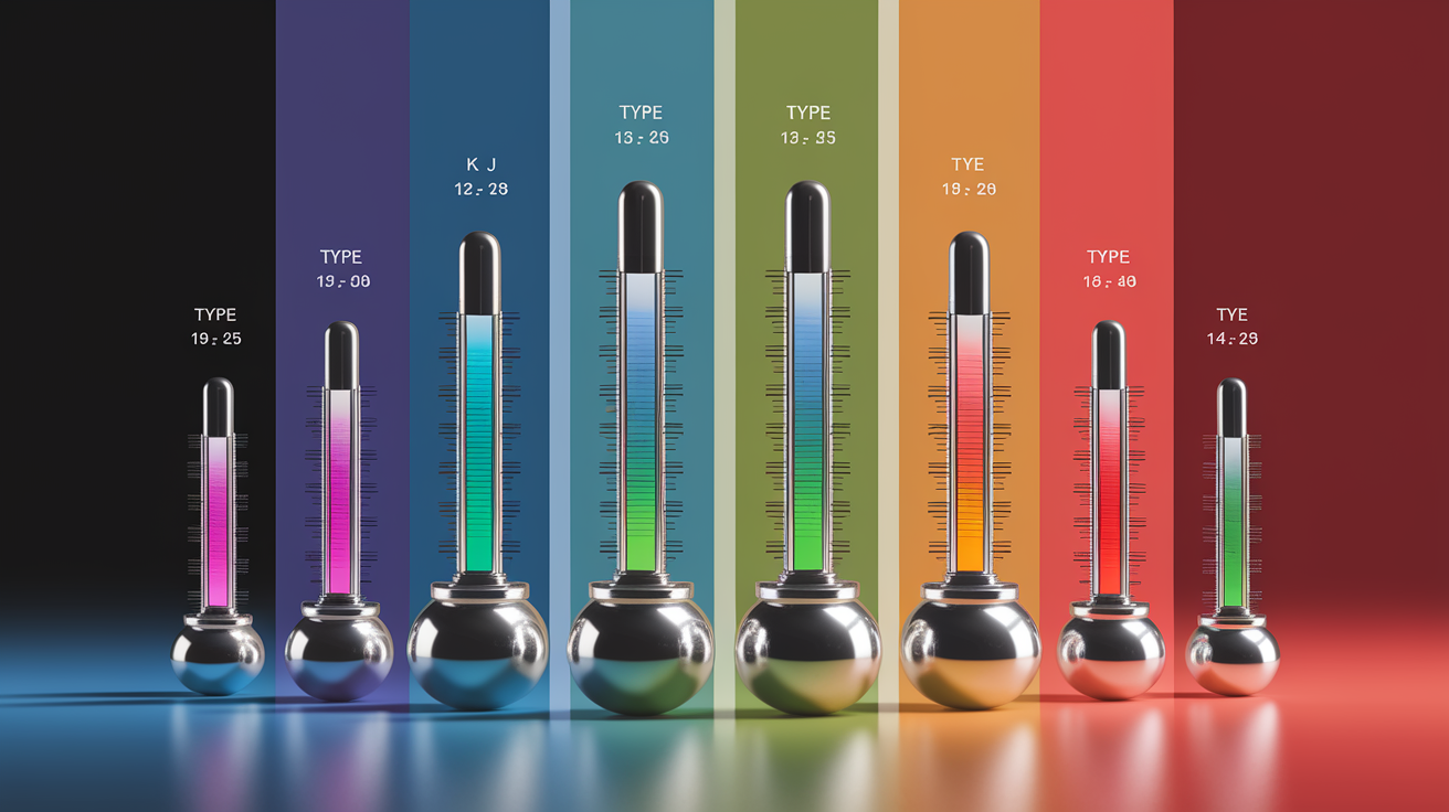 A conceptual illustration representing Popular Thermocouple Types and Temperature Ranges. Visualize the main ideas: . Creative but clear representation of the concept. Style: photorealistic. high quality, detailed, professional, clean composition, good lighting, sharp focus, well-composed. high quality, professional, detailed, well-composed