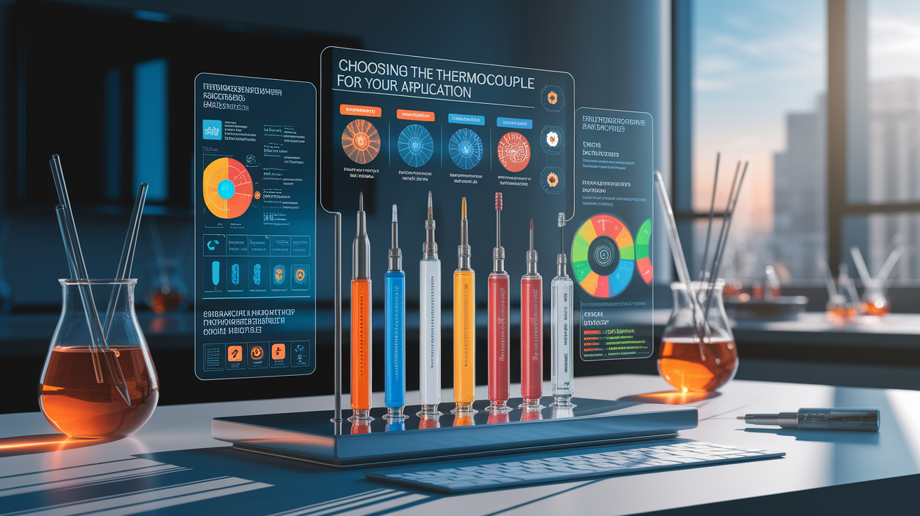 A conceptual illustration representing Choosing the Right Thermocouple for Your Application. Visualize the main ideas: . Creative but clear representation of the concept. Style: photorealistic. high quality, detailed, professional, clean composition, good lighting, sharp focus, well-composed. high quality, professional, detailed, well-composed