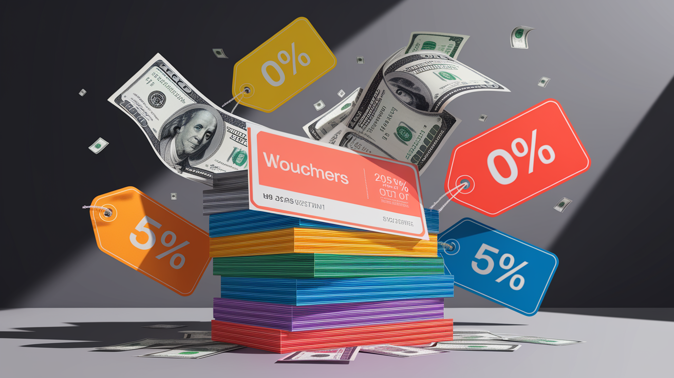 A conceptual illustration representing Funding, Discounts & Vouchers. Visualize the main ideas: . Creative but clear representation of the concept. Style: photorealistic. high quality, detailed, professional, clean composition, good lighting, sharp focus, well-composed. high quality, professional, detailed, well-composed
