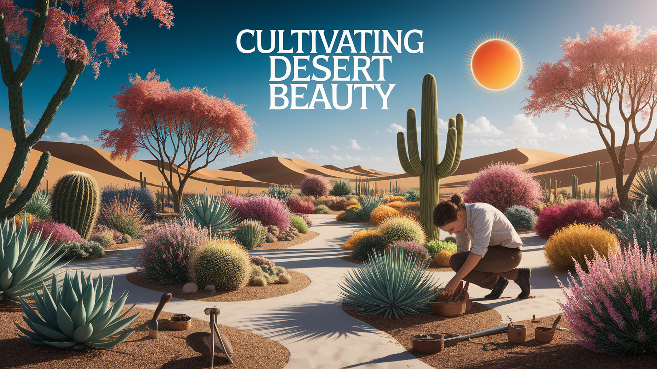 A conceptual illustration representing Cultivating Desert Beauty. Visualize the main ideas: . Creative but clear representation of the concept. Style: photorealistic. high quality, detailed, professional, clean composition, good lighting, sharp focus, well-composed. high quality, professional, detailed, well-composed