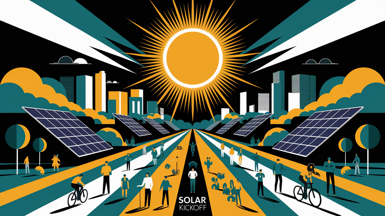 A conceptual illustration representing Solar Revival Kickoff. Visualize the main ideas: . Creative but clear representation of the concept. Style: Visual Theme: Clean, modern aesthetic with high contrast and vibrant energy. Emphasize the intersect. high quality, detailed, professional, clean composition, good lighting, sharp focus, well-composed. high quality, professional, detailed, well-composed