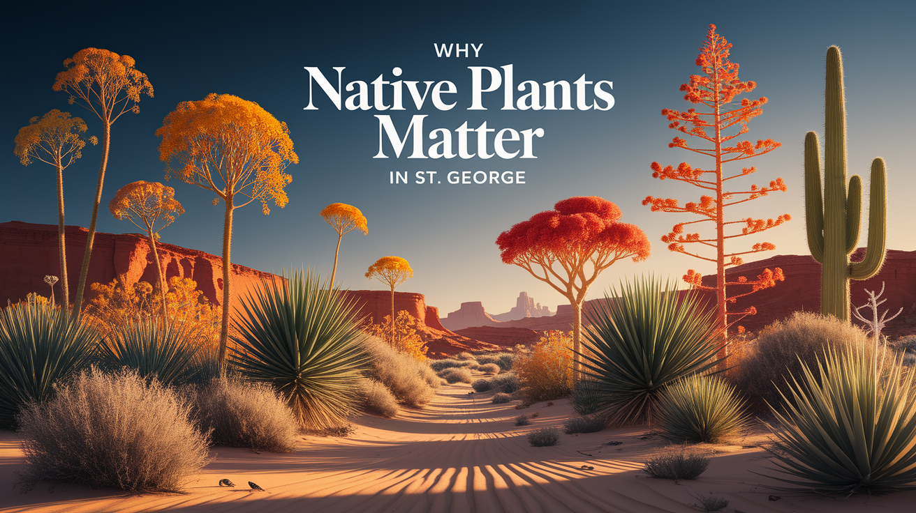 A conceptual illustration representing Why Native Plants Matter in St. George. Visualize the main ideas: . Creative but clear representation of the concept. Style: photorealistic. high quality, detailed, professional, clean composition, good lighting, sharp focus, well-composed. high quality, professional, detailed, well-composed