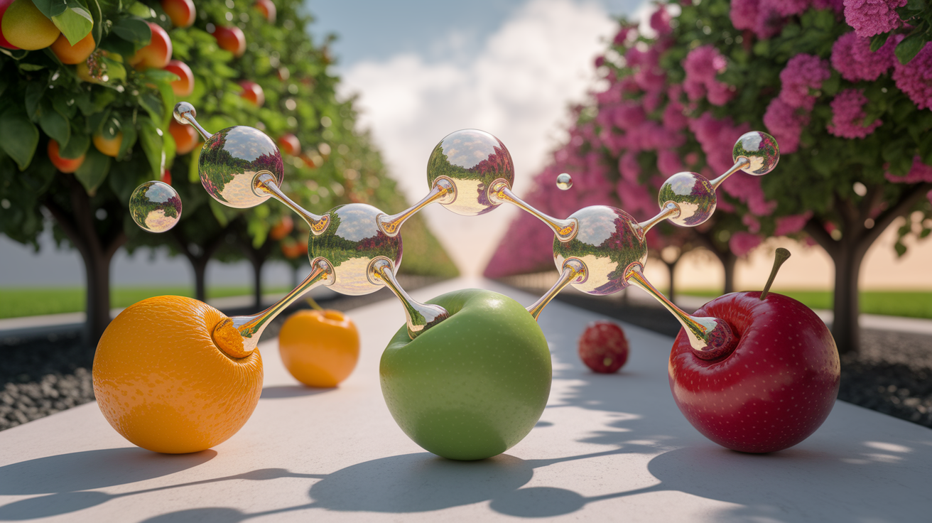 A conceptual illustration representing How Ethylene Works â€“ The Molecular Ripening Pathway. Visualize the main ideas: . Creative but clear representation of the concept. Style: photorealistic. high quality, detailed, professional, clean composition, good lighting, sharp focus, well-composed. high quality, professional, detailed, well-composed