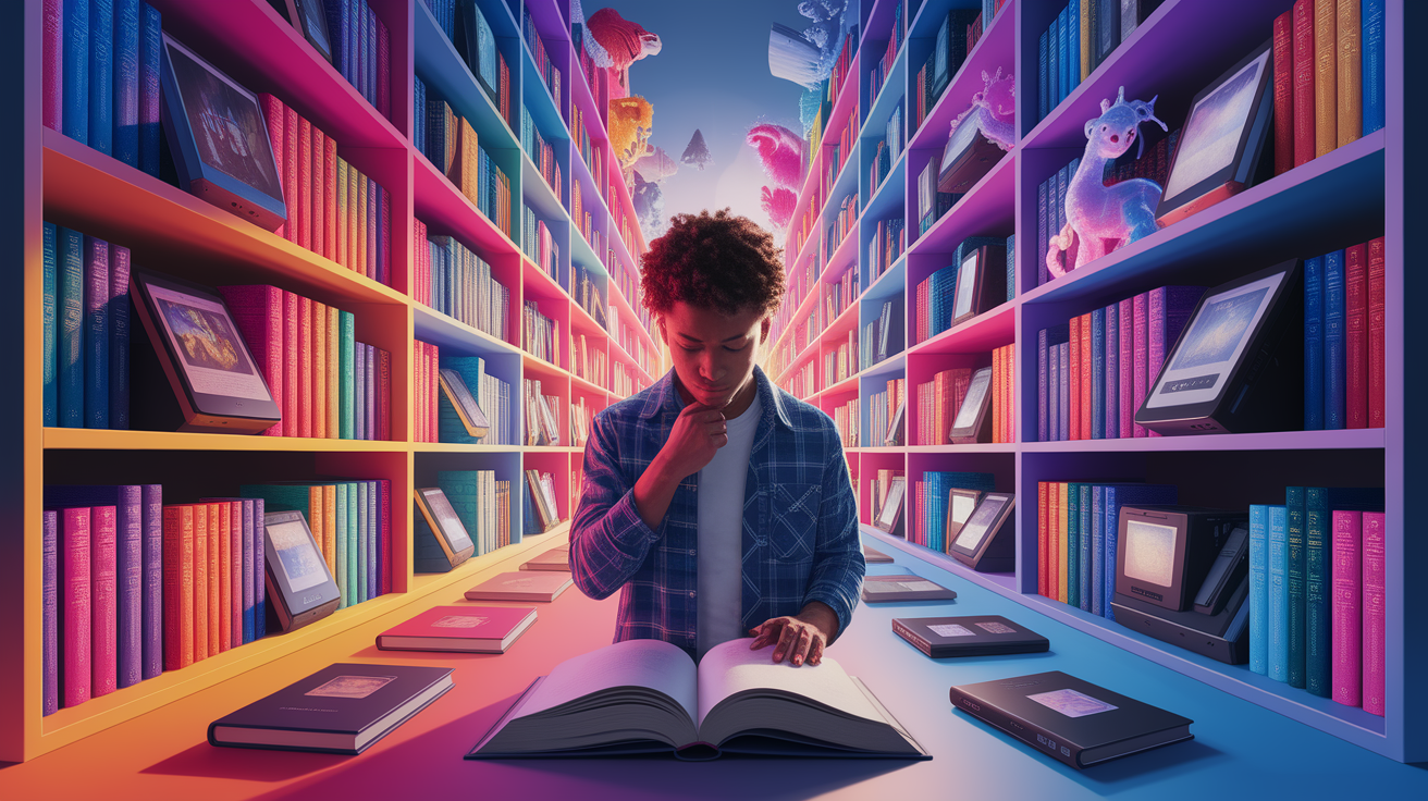 A conceptual illustration representing Choosing the Right Book and Format. Visualize the main ideas: . Creative but clear representation of the concept. Style: photorealistic. high quality, detailed, professional, clean composition, good lighting, sharp focus, well-composed. high quality, professional, detailed, well-composed