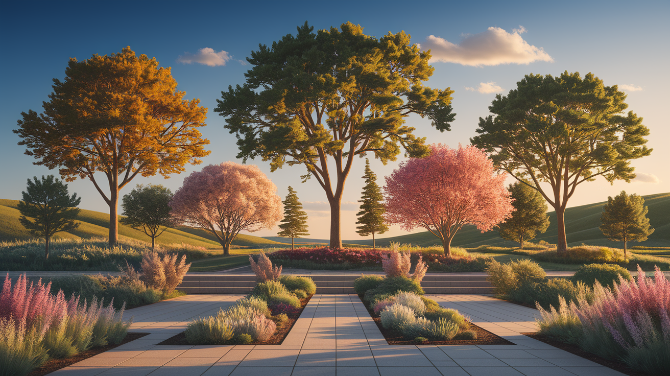 A conceptual illustration representing Top Native Trees and Shrubs for Your Landscape. Visualize the main ideas: . Creative but clear representation of the concept. Style: photorealistic. high quality, detailed, professional, clean composition, good lighting, sharp focus, well-composed. high quality, professional, detailed, well-composed