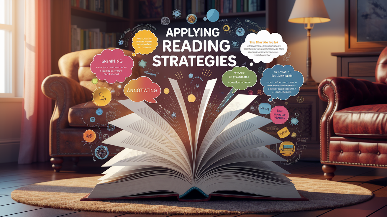 A conceptual illustration representing Applying Effective Reading Strategies. Visualize the main ideas: . Creative but clear representation of the concept. Style: photorealistic. high quality, detailed, professional, clean composition, good lighting, sharp focus, well-composed. high quality, professional, detailed, well-composed