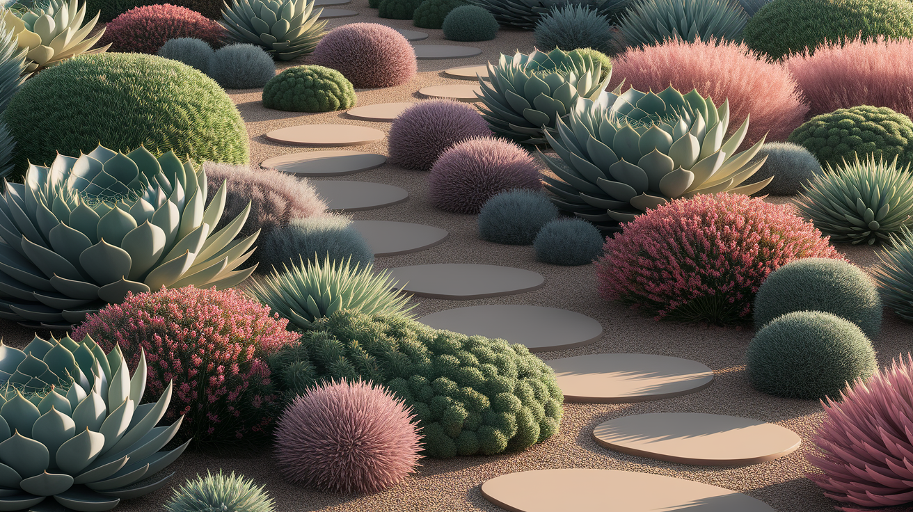 A conceptual illustration representing Succulents and Ground Covers for Xeriscaping. Visualize the main ideas: . Creative but clear representation of the concept. Style: photorealistic. high quality, detailed, professional, clean composition, good lighting, sharp focus, well-composed. high quality, professional, detailed, well-composed