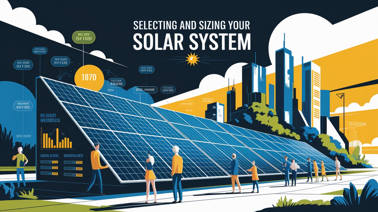 A conceptual illustration representing Selecting and Sizing Your Solar System. Visualize the main ideas: . Creative but clear representation of the concept. Style: Visual Theme: Clean, modern aesthetic with high contrast and vibrant energy. Emphasize the intersect. high quality, detailed, professional, clean composition, good lighting, sharp focus, well-composed. high quality, professional, detailed, well-composed