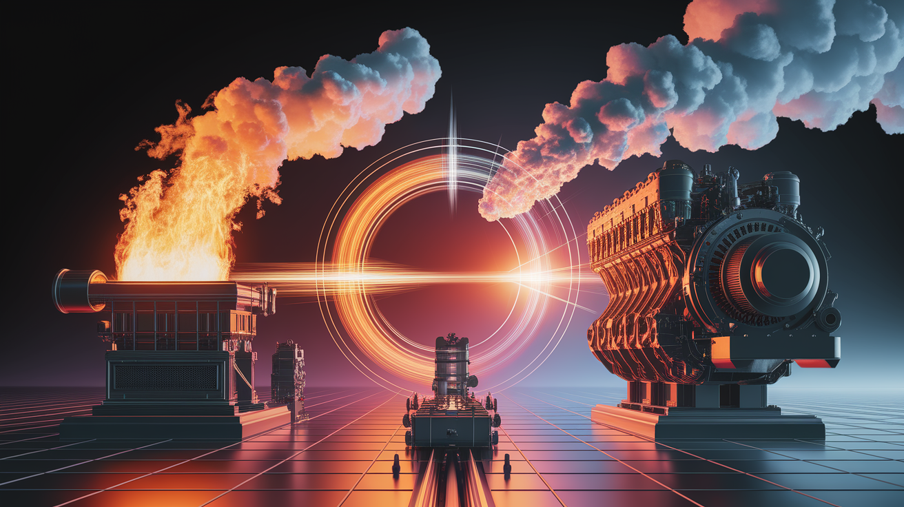 A conceptual illustration representing From Heat to Motion: The Thermodynamic Cycle. Visualize the main ideas: . Creative but clear representation of the concept. Style: photorealistic. high quality, detailed, professional, clean composition, good lighting, sharp focus, well-composed. high quality, professional, detailed, well-composed