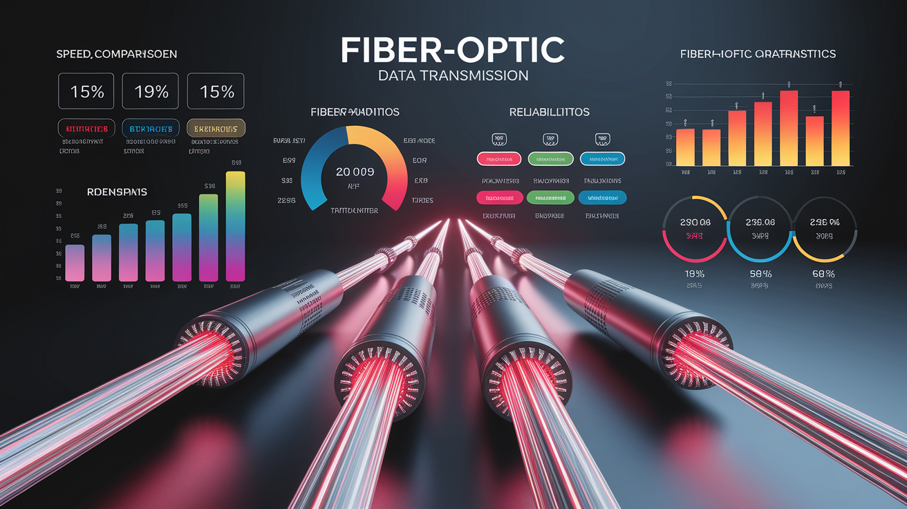 A clean, professional data visualization or infographic related to Introduction: Shedding Light on Fiber-Optic Data Transmission. Include elements like charts, graphs, or statistical representations. Focus on . Style: photorealistic. high quality, detailed, professional, clean composition, good lighting, sharp focus, well-composed. high quality, professional, detailed, well-composed