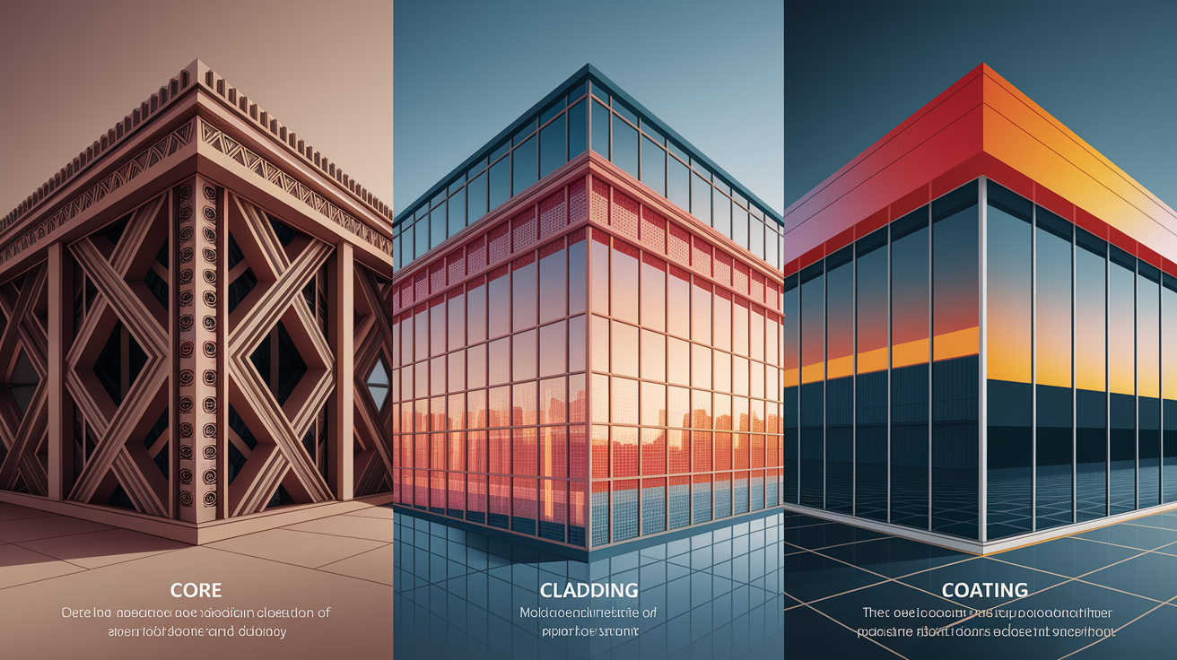 A conceptual illustration representing The Building Blocks: Core, Cladding, and Coating. Visualize the main ideas: . Creative but clear representation of the concept. Style: photorealistic. high quality, detailed, professional, clean composition, good lighting, sharp focus, well-composed. high quality, professional, detailed, well-composed