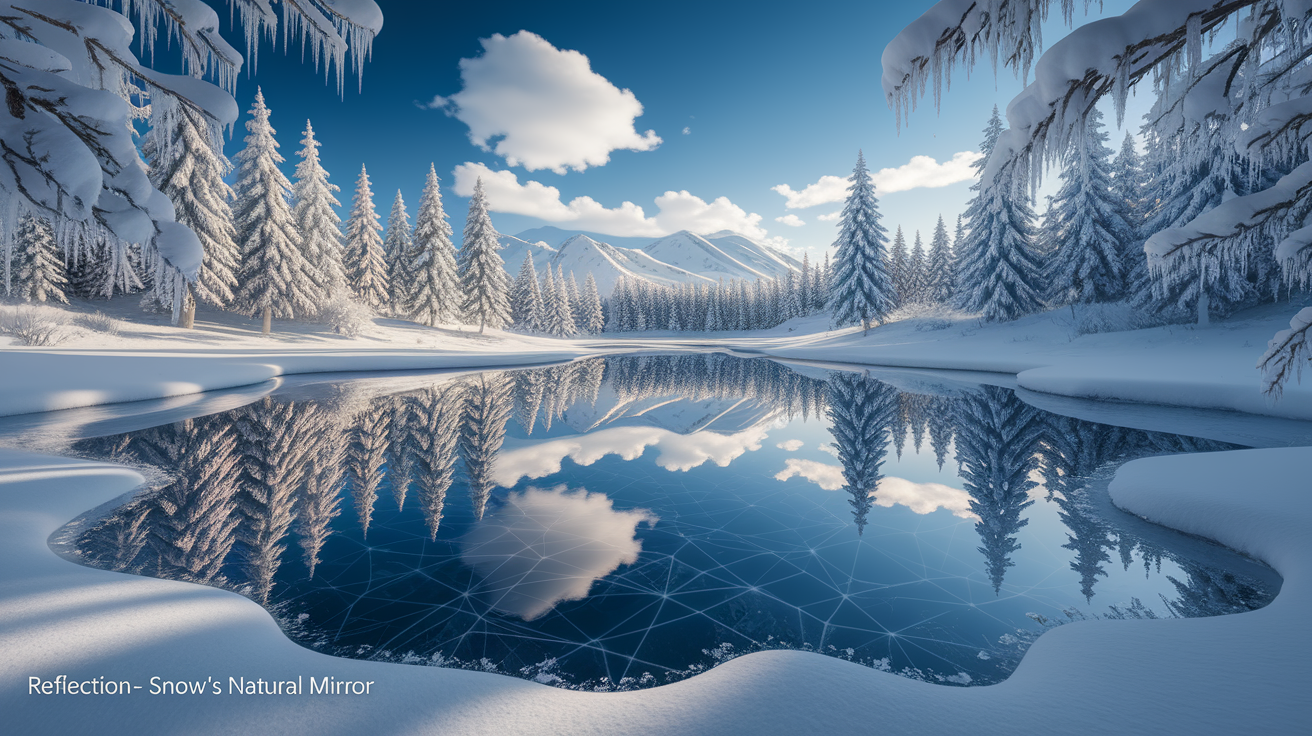 A conceptual illustration representing Reflection â€“ Snowâ€™s Natural Mirror. Visualize the main ideas: . Creative but clear representation of the concept. Style: photorealistic. high quality, detailed, professional, clean composition, good lighting, sharp focus, well-composed. high quality, professional, detailed, well-composed