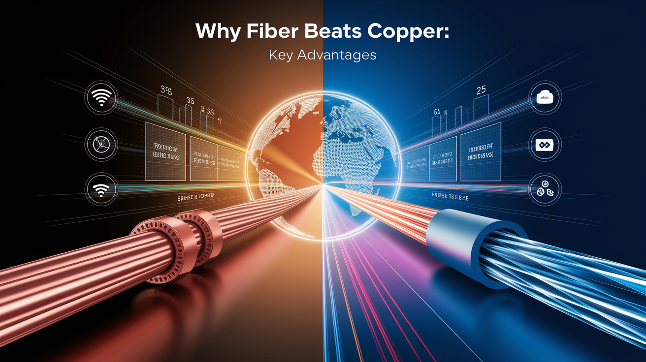 A conceptual illustration representing Why Fiber Beats Copper: Key Advantages. Visualize the main ideas: . Creative but clear representation of the concept. Style: photorealistic. high quality, detailed, professional, clean composition, good lighting, sharp focus, well-composed. high quality, professional, detailed, well-composed