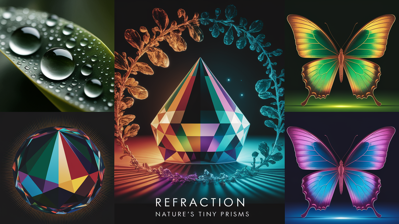 A conceptual illustration representing Refraction â€“ Natureâ€™s Tiny Prisms. Visualize the main ideas: . Creative but clear representation of the concept. Style: photorealistic. high quality, detailed, professional, clean composition, good lighting, sharp focus, well-composed. high quality, professional, detailed, well-composed