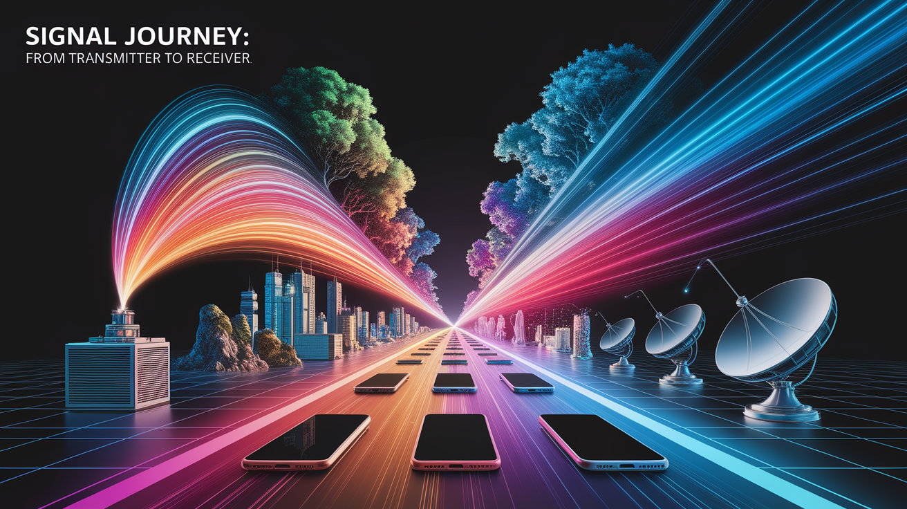 A conceptual illustration representing Signal Journey: From Transmitter to Receiver. Visualize the main ideas: . Creative but clear representation of the concept. Style: photorealistic. high quality, detailed, professional, clean composition, good lighting, sharp focus, well-composed. high quality, professional, detailed, well-composed