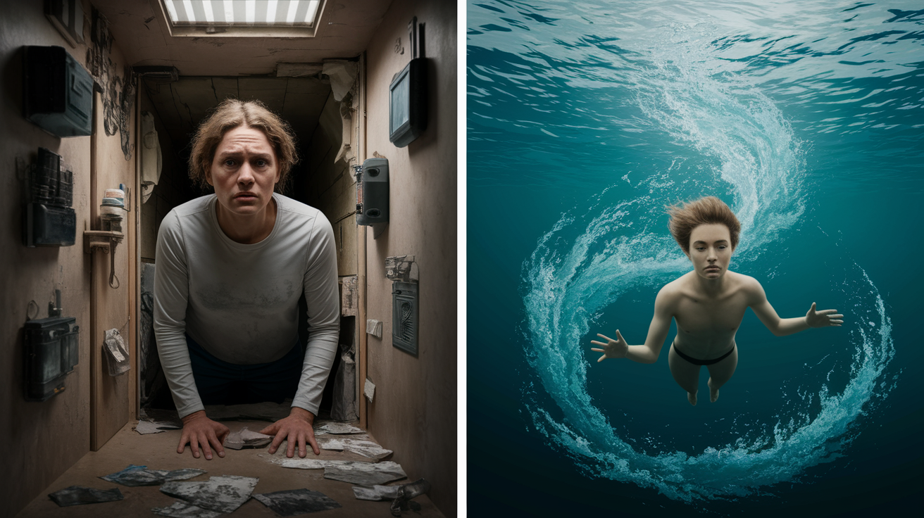 A side-by-side comparison visual for Suffocation vs. Drowning: Understanding the Difference. Show contrasting elements: . Use clear visual separation, possibly with split-screen or before/after layout. Style: photorealistic. high quality, detailed, professional, clean composition, good lighting, sharp focus, well-composed. high quality, professional, detailed, well-composed