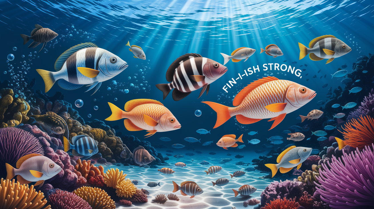 A conceptual illustration representing Fin-ish Strong: Lessons from Fish on Underwater Breathing. Visualize the main ideas: . Creative but clear representation of the concept. Style: photorealistic. high quality, detailed, professional, clean composition, good lighting, sharp focus, well-composed. high quality, professional, detailed, well-composed