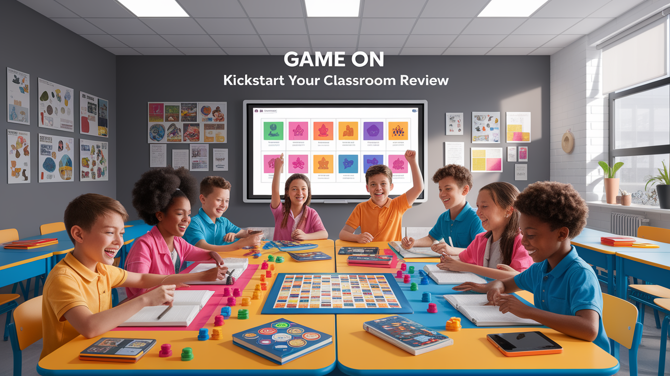 A conceptual illustration representing Game On: Kickstart Your Classroom Review. Visualize the main ideas: . Creative but clear representation of the concept. Style: photorealistic. high quality, detailed, professional, clean composition, good lighting, sharp focus, well-composed. high quality, professional, detailed, well-composed