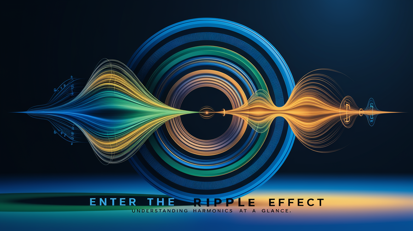A conceptual illustration representing Enter the Ripple Effect: Understanding Harmonics at a Glance. Visualize the main ideas: . Creative but clear representation of the concept. Style: Visual Theme: Clean, modern aesthetic with high contrast and vibrant energy. Emphasize the intersect. high quality, detailed, professional, clean composition, good lighting, sharp focus, well-composed. high quality, professional, detailed, well-composed