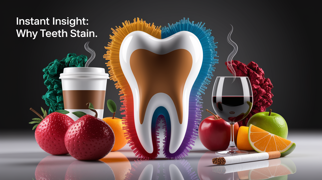 A conceptual illustration representing Instant Insight: Why Teeth Stain. Visualize the main ideas: . Creative but clear representation of the concept. Style: photorealistic. high quality, detailed, professional, clean composition, good lighting, sharp focus, well-composed. high quality, professional, detailed, well-composed