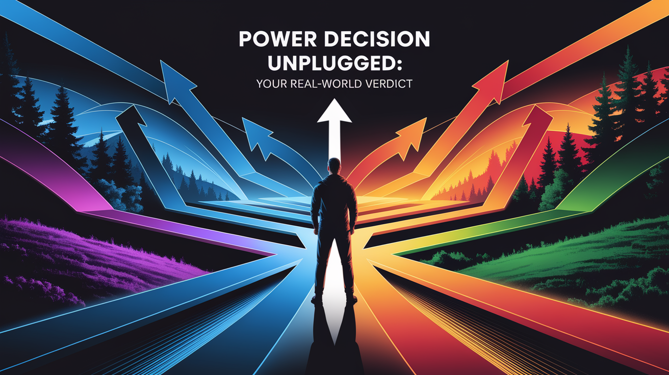 A conceptual illustration representing Power Decision Unplugged: Your Real-World Verdict. Visualize the main ideas: . Creative but clear representation of the concept. Style: Visual Theme: Clean, modern aesthetic with high contrast and vibrant energy. Emphasize the intersect. high quality, detailed, professional, clean composition, good lighting, sharp focus, well-composed. high quality, professional, detailed, well-composed