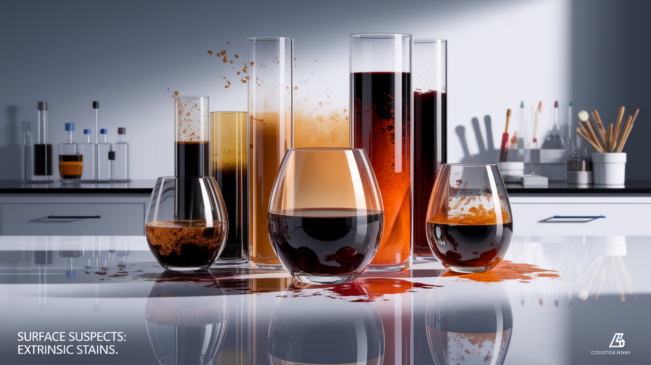 A conceptual illustration representing Surface Suspects: Extrinsic Stains. Visualize the main ideas: . Creative but clear representation of the concept. Style: photorealistic. high quality, detailed, professional, clean composition, good lighting, sharp focus, well-composed. high quality, professional, detailed, well-composed