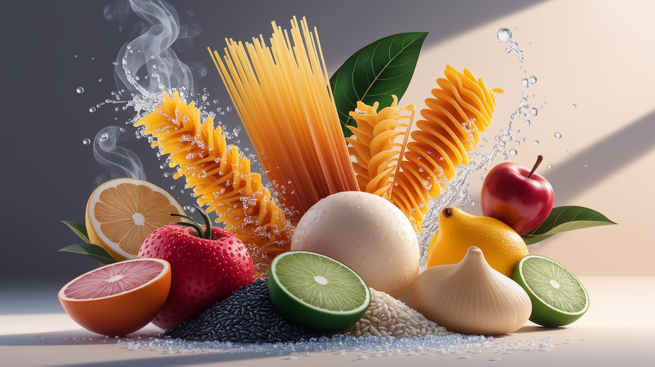 A conceptual illustration representing Carbs in the Mix: Boosting Water Absorption. Visualize the main ideas: . Creative but clear representation of the concept. Style: photorealistic. high quality, detailed, professional, clean composition, good lighting, sharp focus, well-composed. high quality, professional, detailed, well-composed